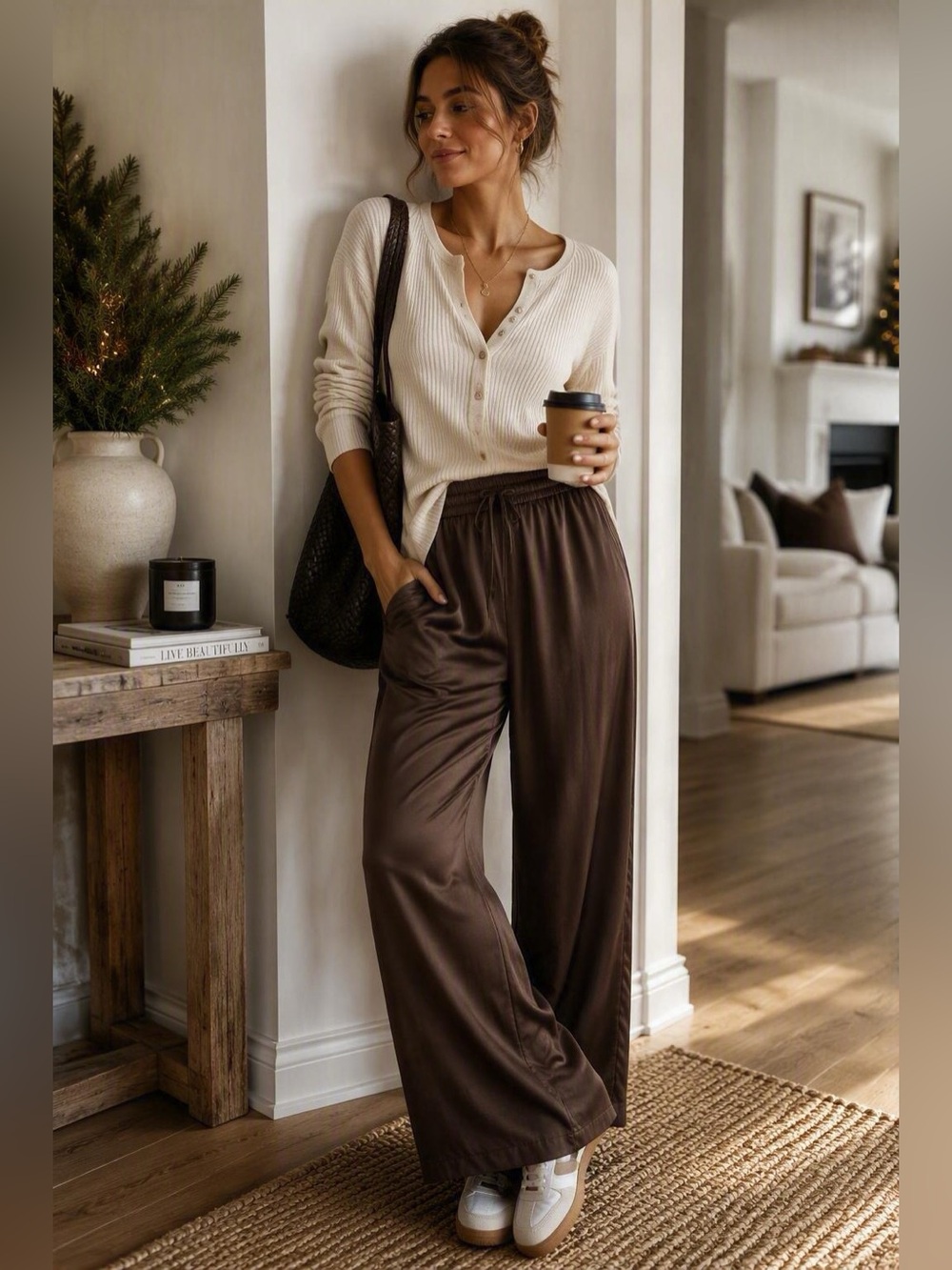 Renuar Wide-Leg Satin Pants in Chocolate Brown